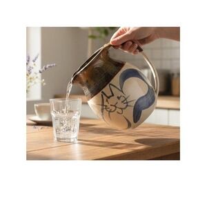 Studio Pottery Cat Pitcher, Whimsical Tan Blue Kitchen Stoneware, Home Decor7.5"